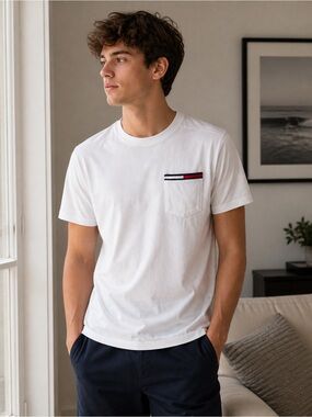 Tommy Hilfiger White Short-Sleeve Crew Pocket Tee with Red & Navy Trim